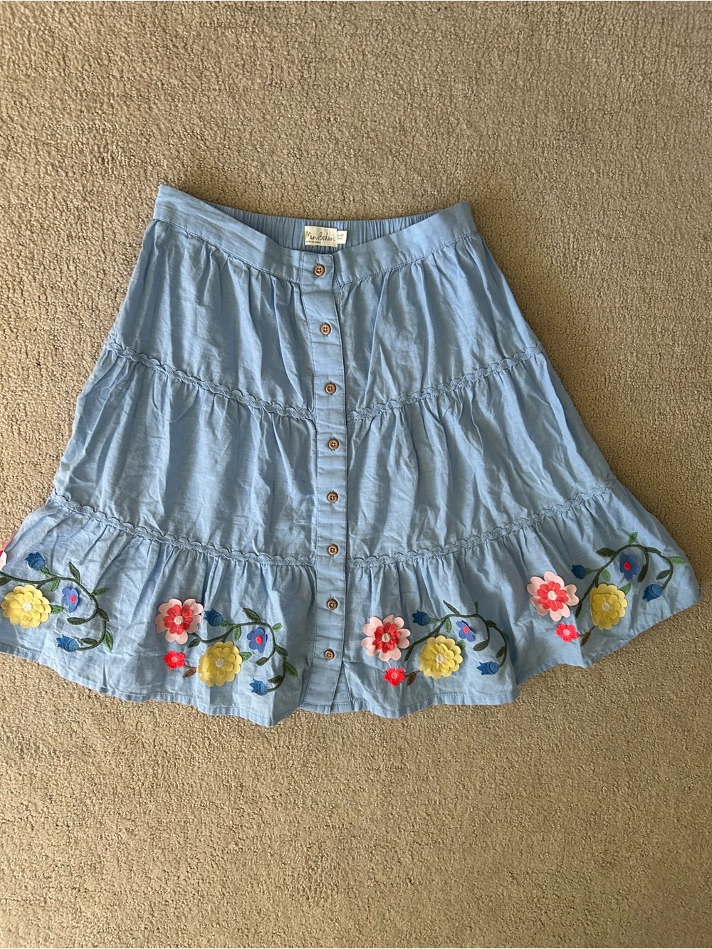 Mini Boden girls boho floral applique tiered skirt cotton flowy